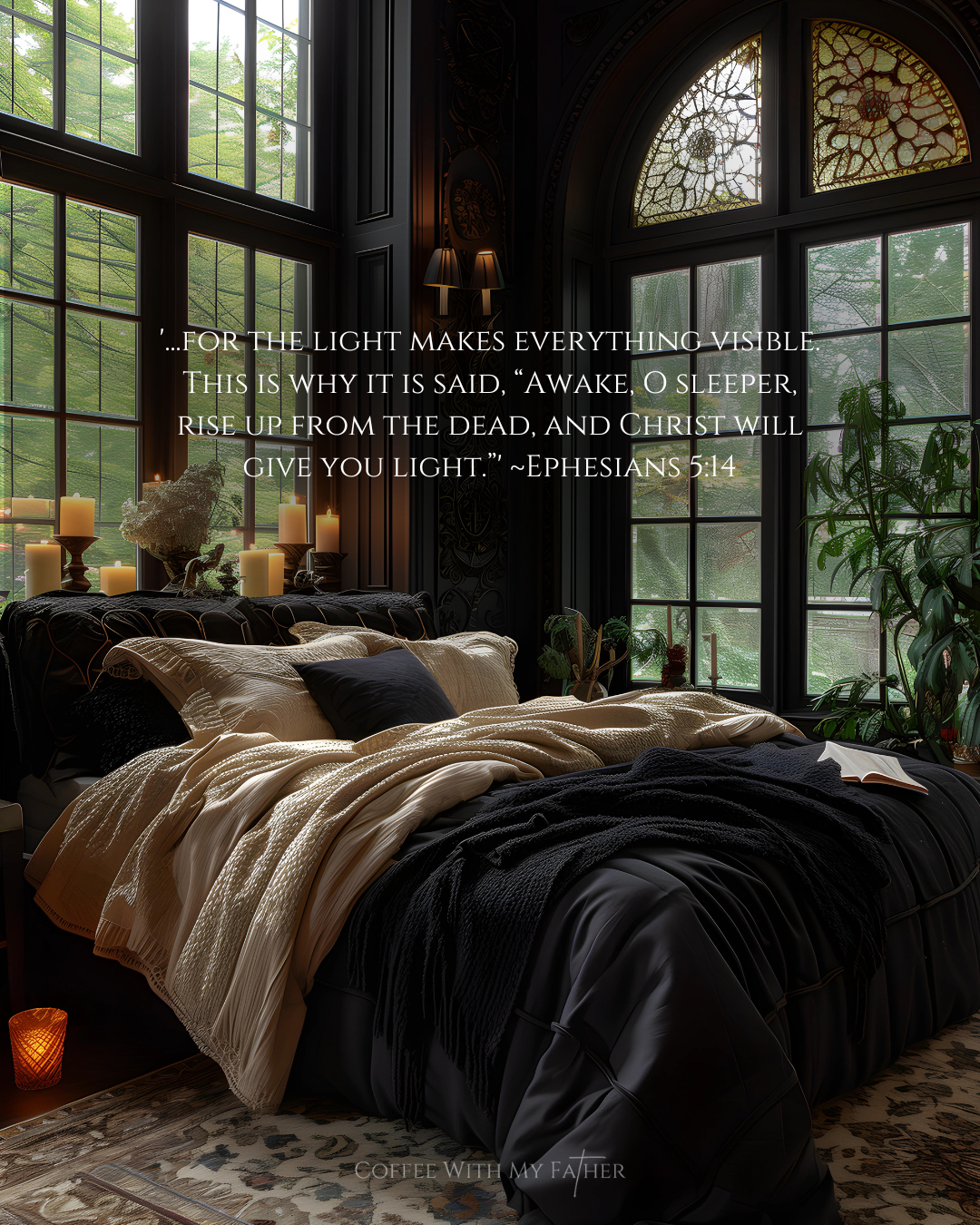 An opulent bedroom with a large bed draped in black and cream linens, flanked by tall windows with stained glass, candles, plants, and an open book, overlaid with a quote from Ephesians 5:14.