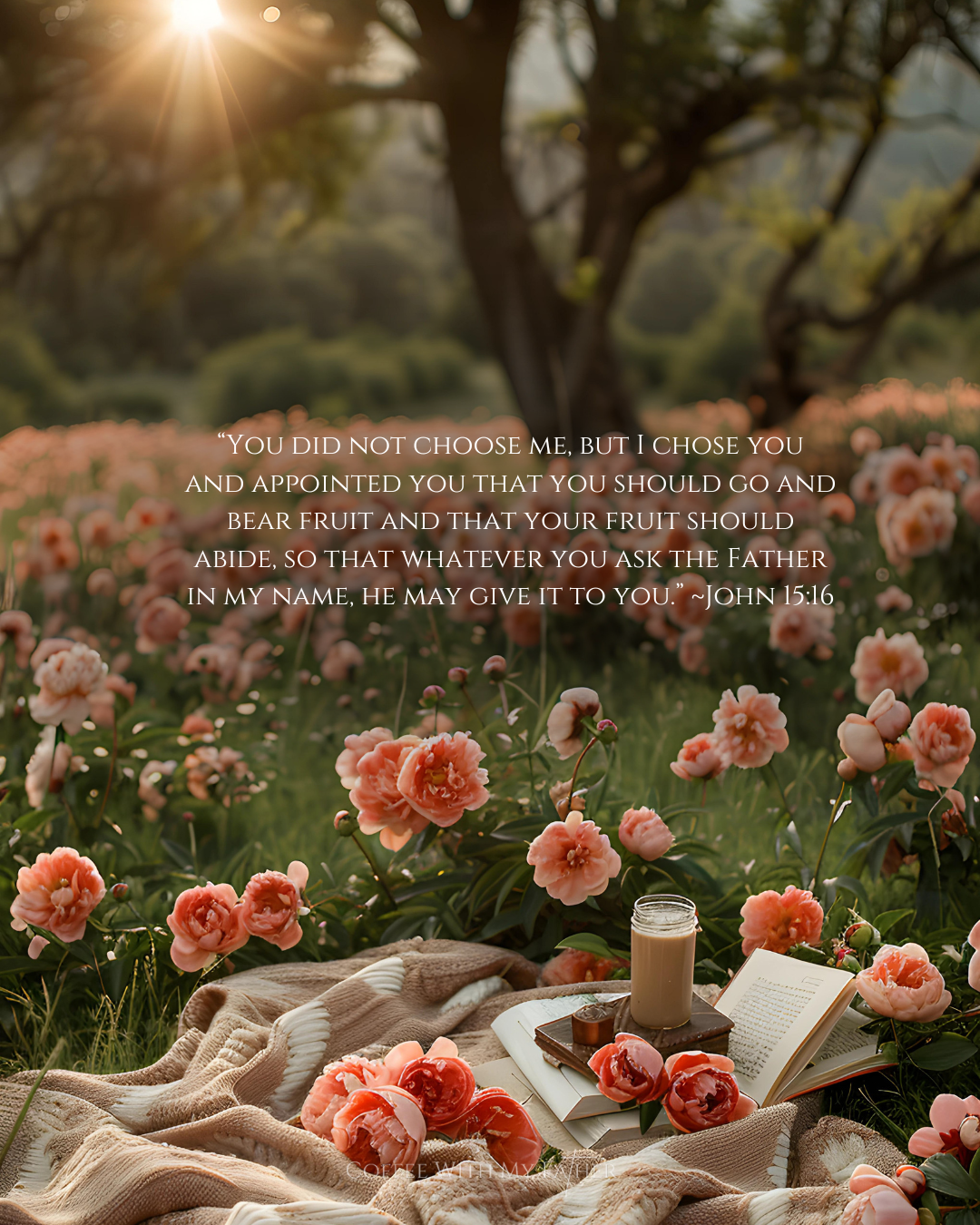 Peaceful outdoor scene with blossoming flowers and a picnic setup, featuring a Bible verse from John 15:16 about divine choice and answered prayers.