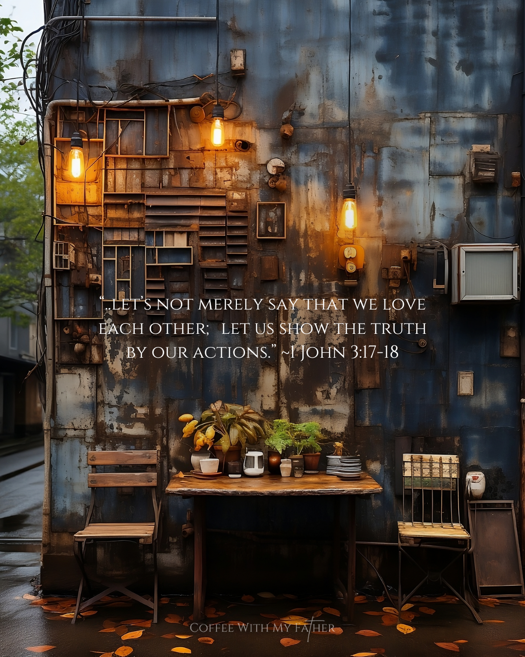 Rustic urban setting with warm hanging lights and a simple wooden table set against a backdrop of textured metal walls, accompanied by a Bible verse from 1 John 3:17-18 on loving through actions.