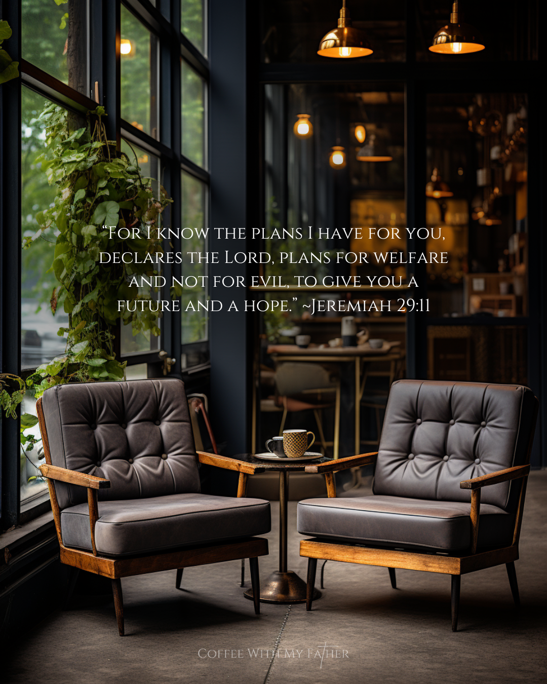 Cozy café corner with two leather armchairs and a small wooden table, a steaming cup of coffee, surrounded by large windows and hanging pendant lights, featuring a hopeful verse from Jeremiah 29:11